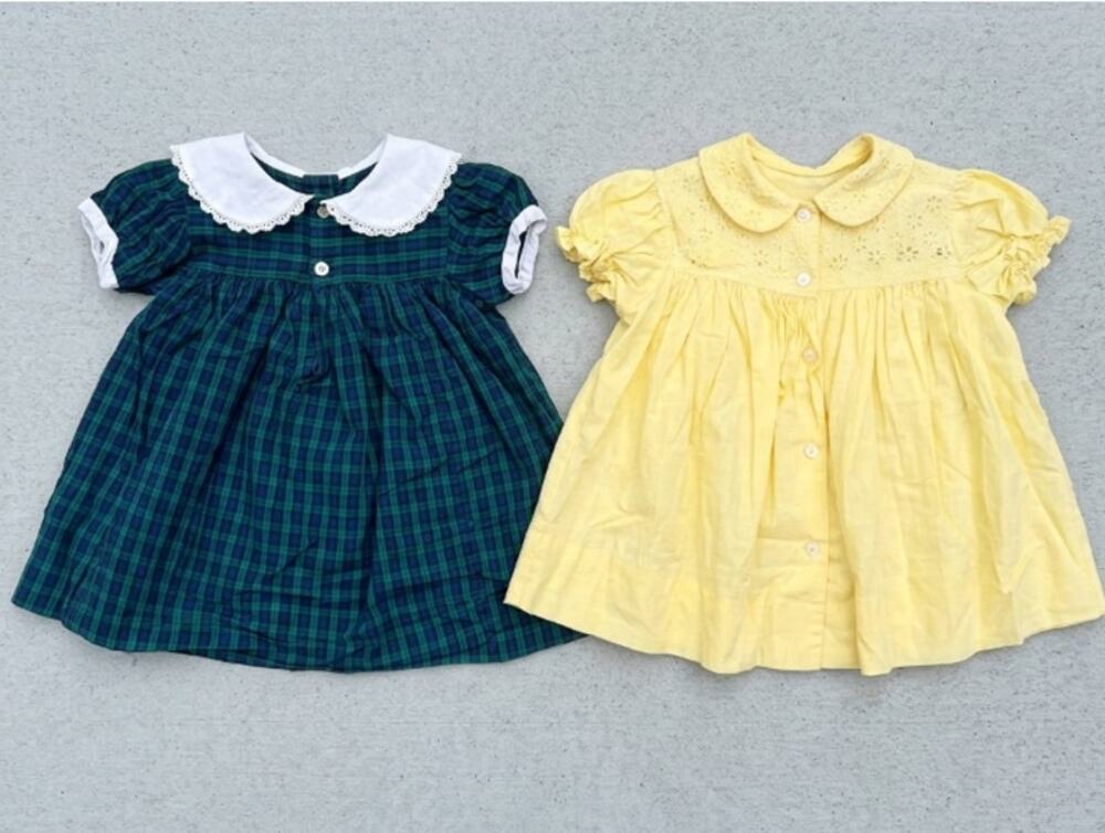 Nannette 1950's Baby Dress Lot of 2 Green Plaid Tartan & Yellow Lace Eyelet 12M